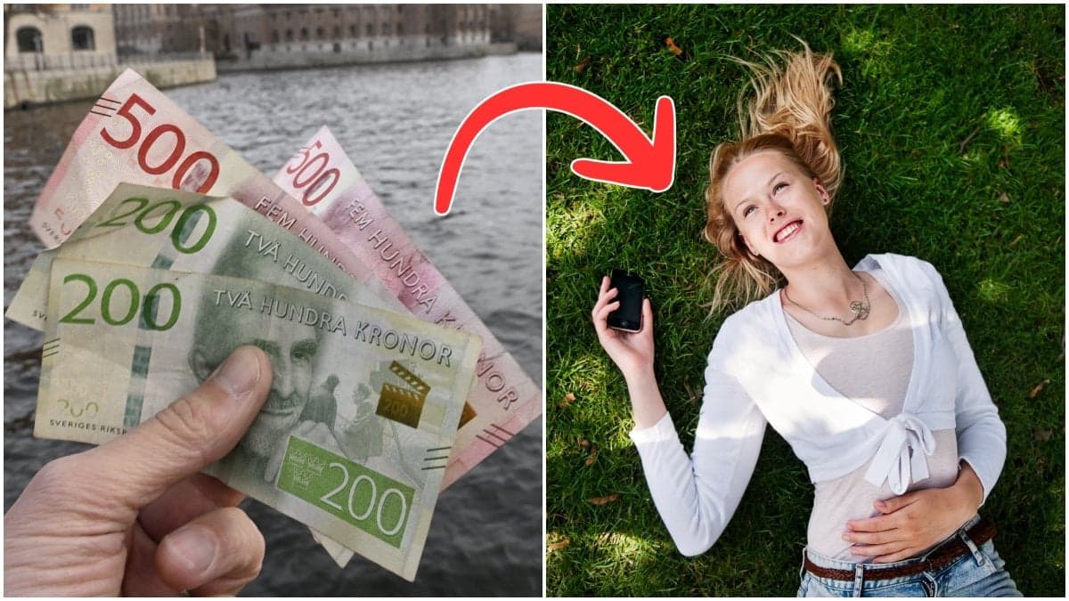 Hand som håller i kontanter och tjej som ligger i gräset.