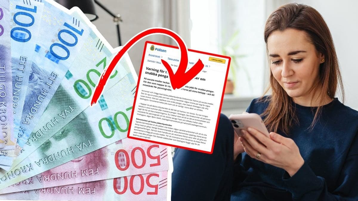 Svenska sedlar och en ung kvinna med en mobiltelefon