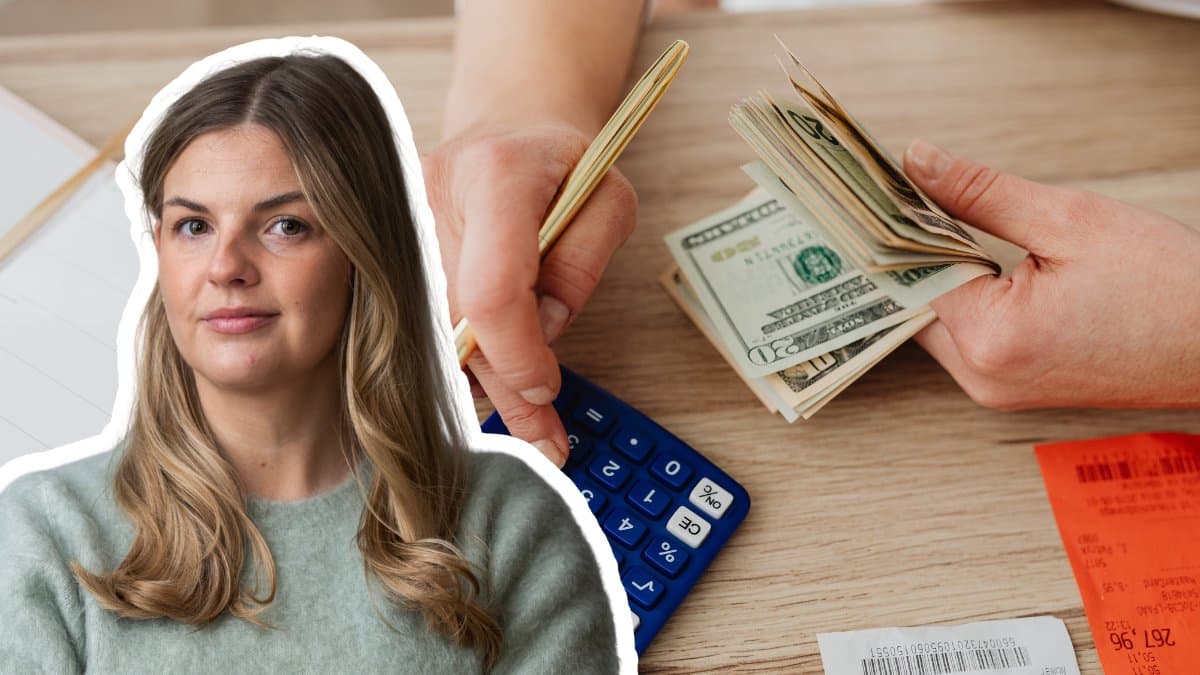 Felicia Schön på Avanza Bank i Stockholm vänster. En person som räknar pengar på en miniräknare i bakgrunden.