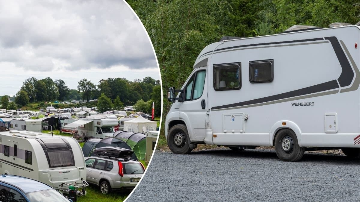 Bilder på husbilar och en camping.