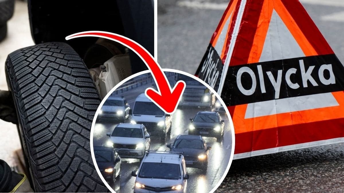 Vinterdäck, biltrafik i skymning och en skylt om olycka