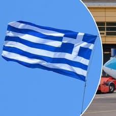 Bilder på TUI:s flygplan och en grekisk flagga.