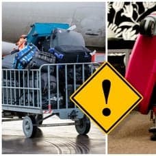 Resväskor på en vagn utanför ett flygplan och en person som packar en resväska