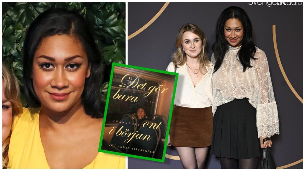 Julia Frändfors, omslaget till boken Det gör bara ont i början: och andra livsregler samt Julia Frändfors med Irena Pozar