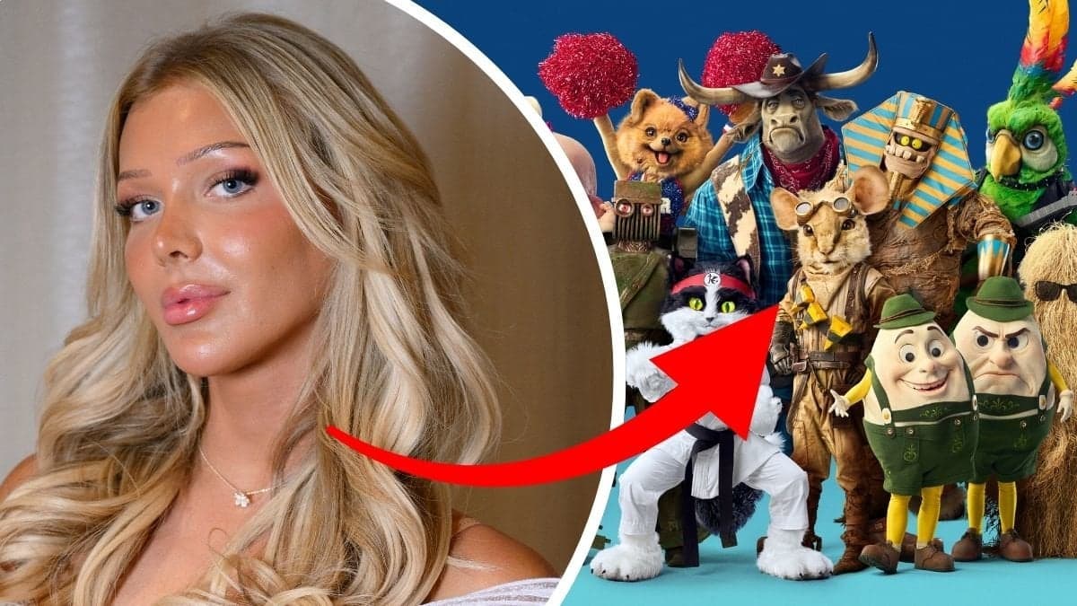 Isa Östling närbild vänster. Deltagarna under maskerna Masked Singer 2026 höger.