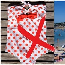 en prickig baddräkt och en strand med mycket folk.