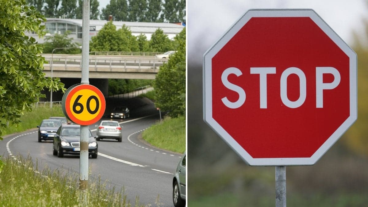Bild på en bilväg och en stop-skylt.
