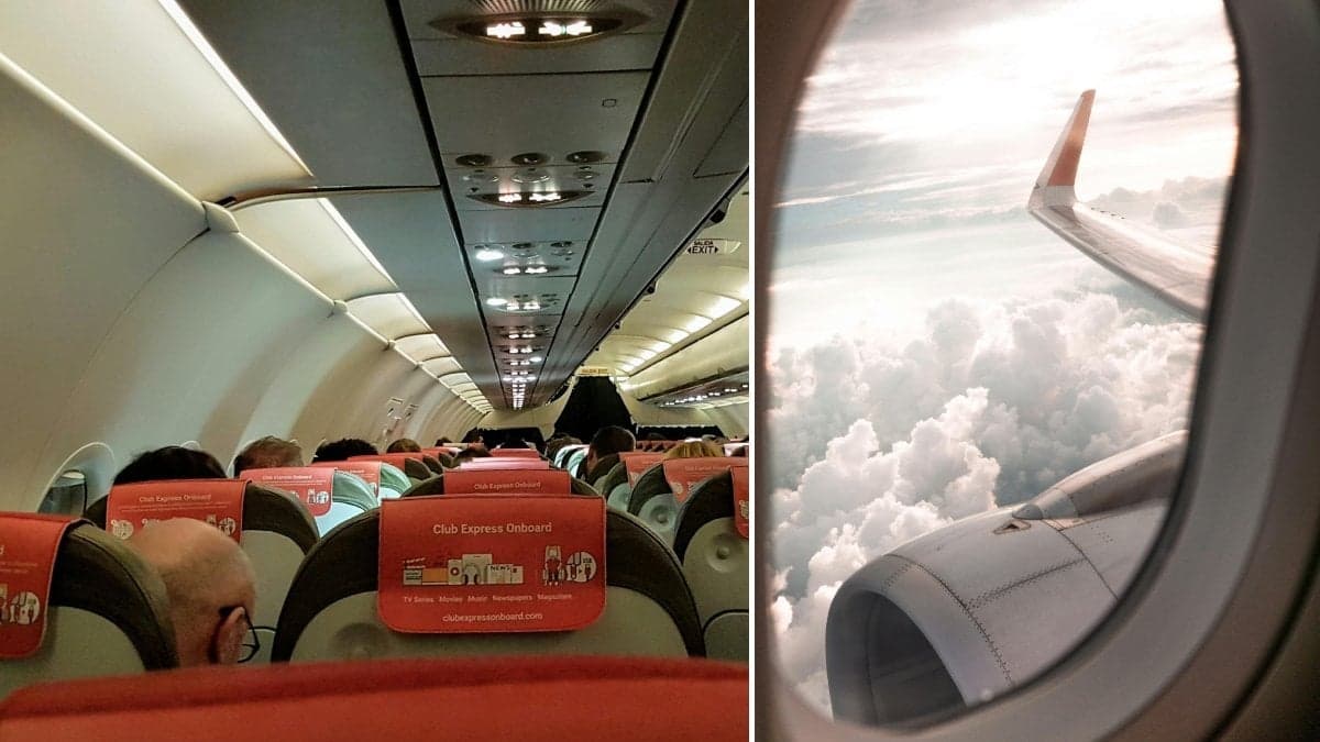 Bilder inifrån ett flygplan och flygplansfönster.