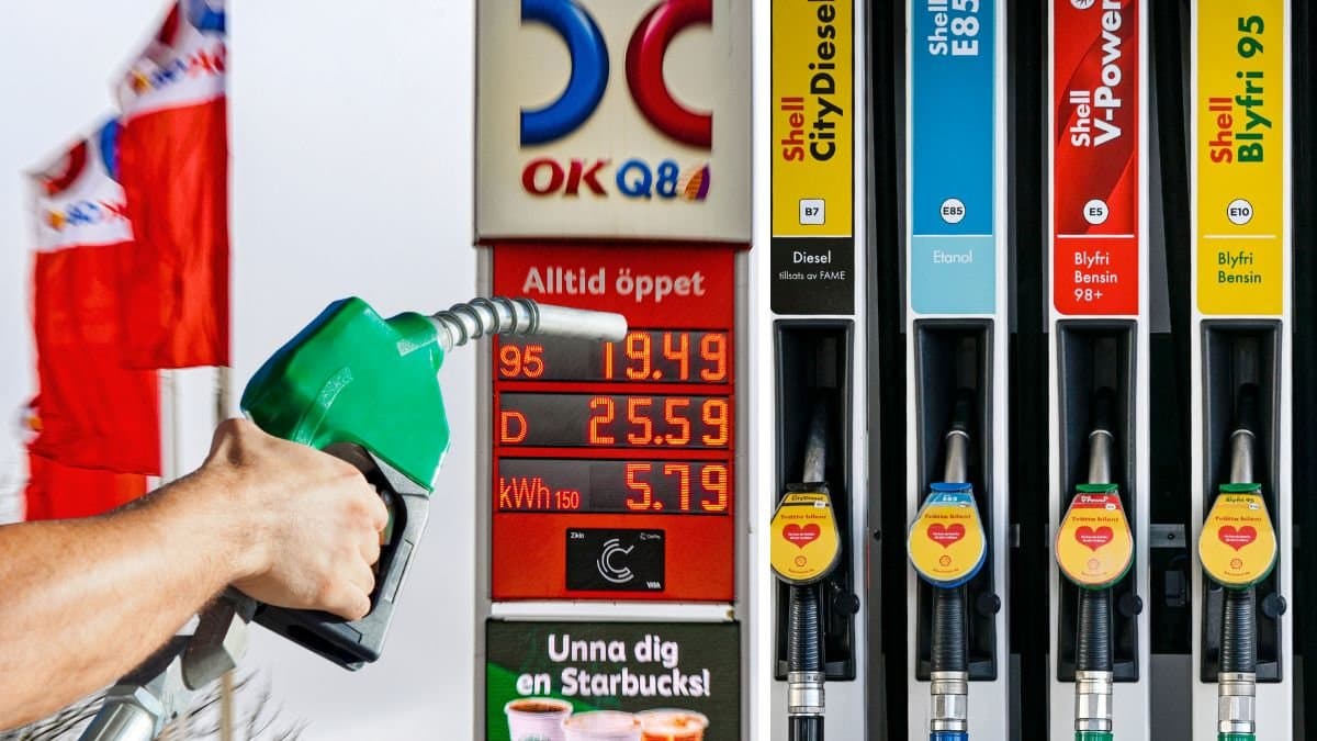 Bensin på en bensinmack och pumpar med diesel och bensin.