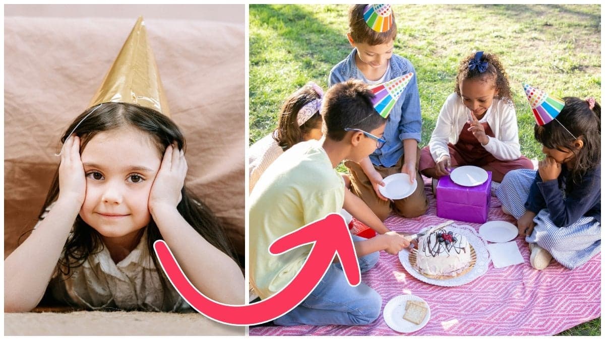 Flicka med partyhatt och flera barn på en picknickfilt