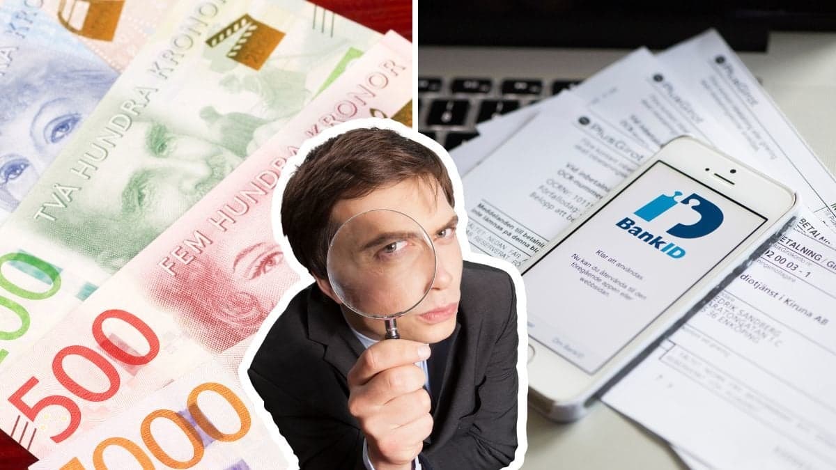 Pengar, bankgiro-talong och man med förstoringsglas.