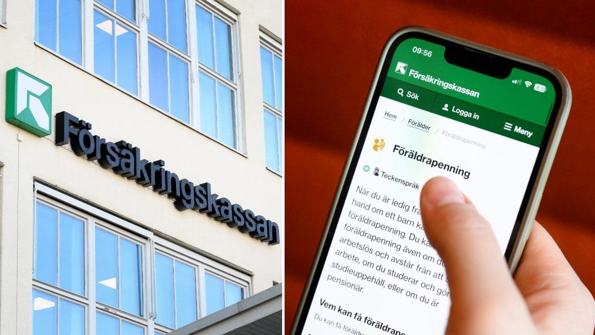 Försäkringskassans logga på fasad och mobil inne i myndighetens app. 