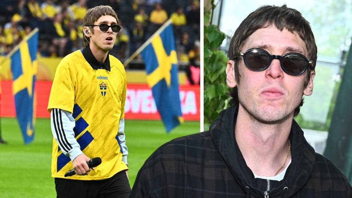 Thomas Stenström iklädd Sverige-tröja står framför svenska flaggor och närbild på Thomas Stenström