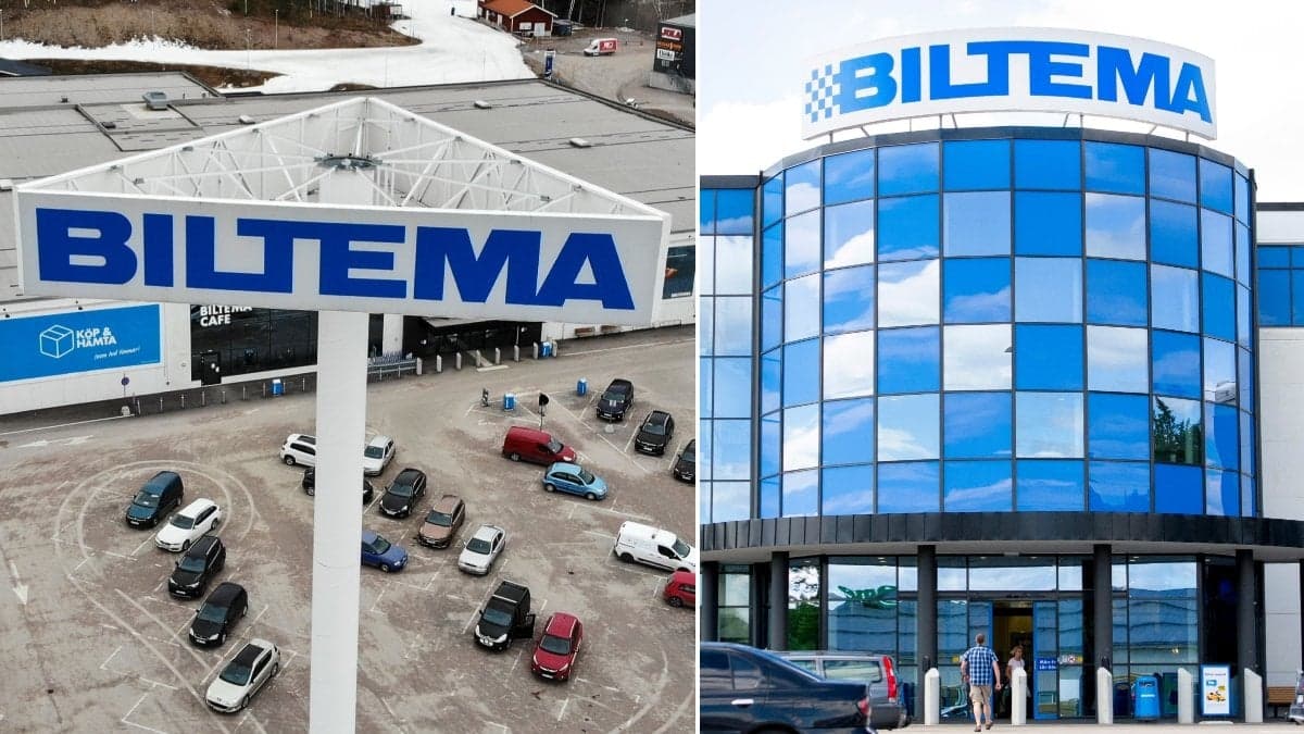 Bilder på Biltema-skylt och entré.