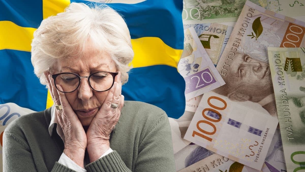 Sedlar av olika valörer i bakgrunden. I förgrunden syns en kvinna med händerna på kinderna och bakom henne en svensk flagga med vit skugga.