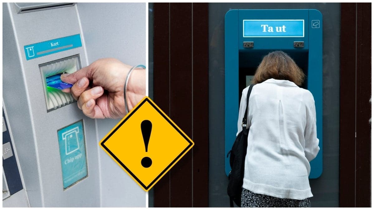 Hand som sätter i kort i en uttagsautmat och kvinna som står vid en uttagsautomat