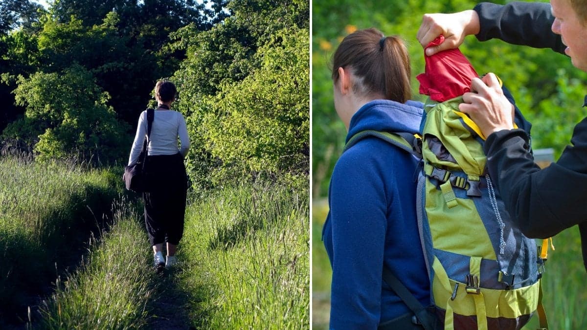 En kvinna på skogspromenad och ett par med ryggsäckar på tur i skogen.