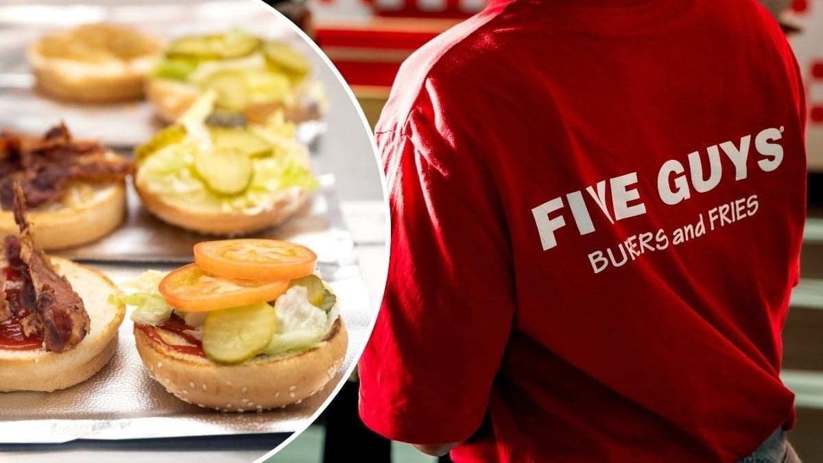 Bilder på burgare och en Five Guys-tshirt.