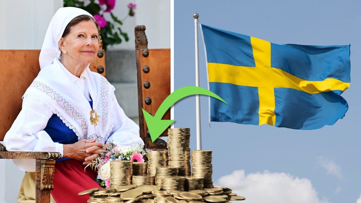 Drottningen och en Sverigeflagga.