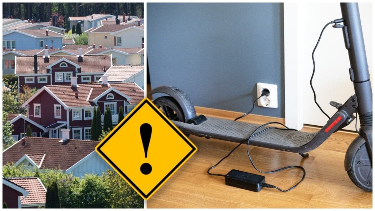 Villaområde och en elsparkcykel som laddas