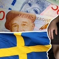 Pengar i bakgrunden. I förgrunden ett par som tröstar varandra och en svensk flagga.