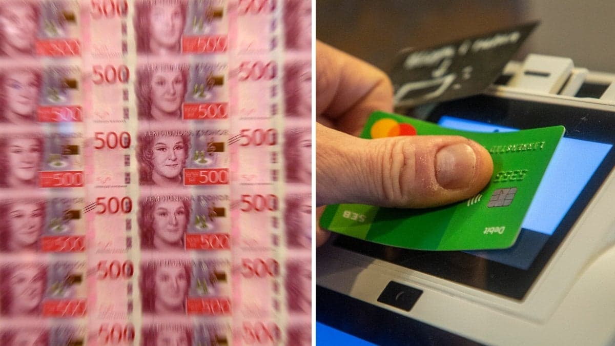 Bild på sedlar och ett bankkort som betalar.