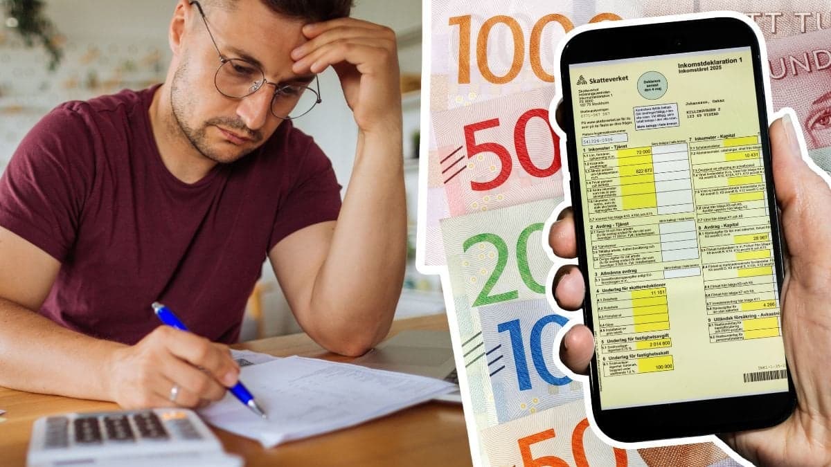 Ung man med dokument framför sig, svenska sedlar och deklaration i Skatteverkets app