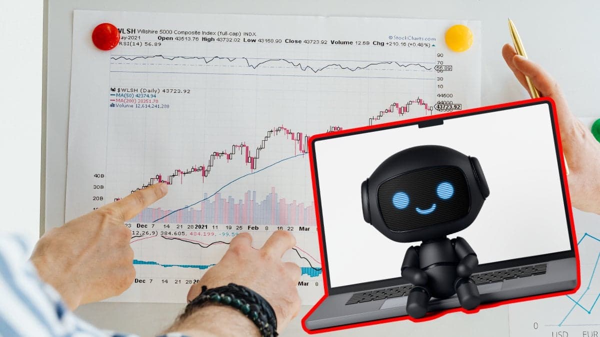 Investeringar på papper i bakgrunden. En utklippt dator med en robot som sitter på den i högra hörnet.