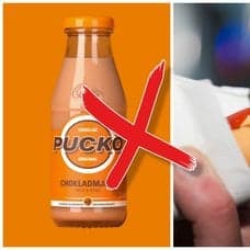 Pucko-flaska och man som äter korv