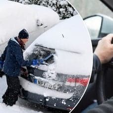 Bilder på en som kör bil och en som borstar av snö från sin bil.