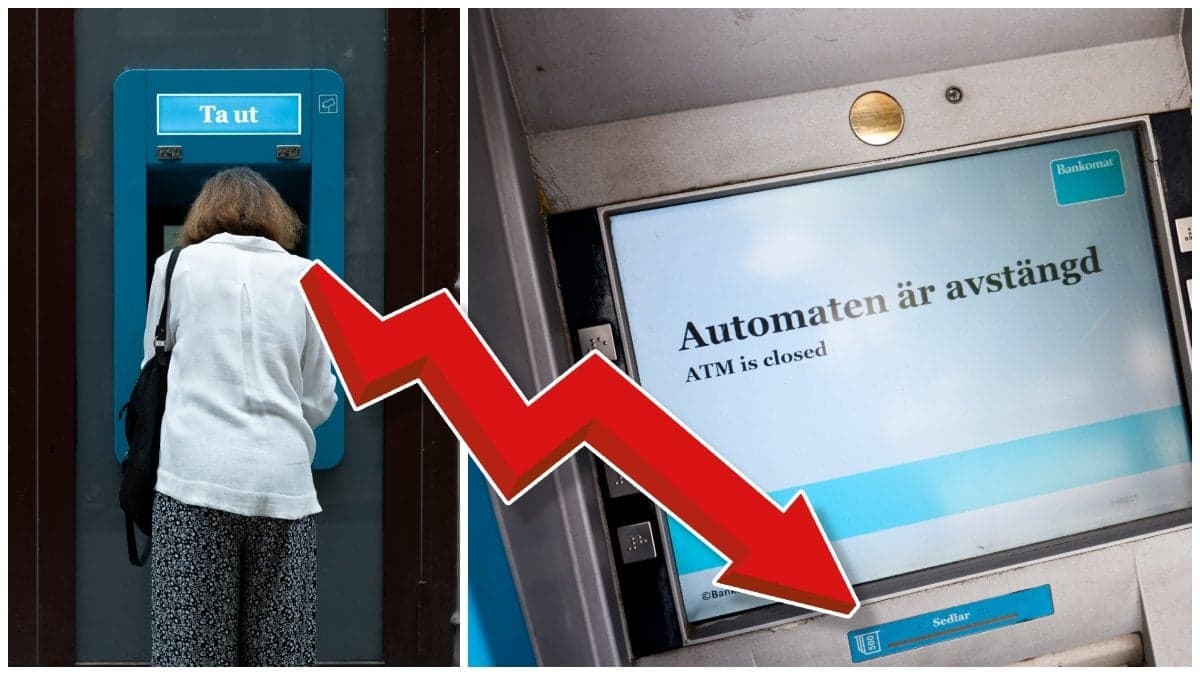 Kvinna vid uttagsautomat och en display där det står Automaten är avstängdmed 