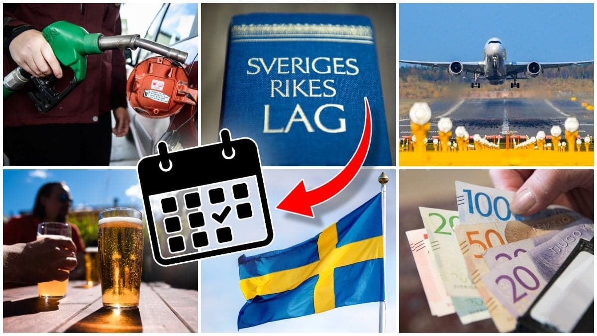 Person som tankar bil, ölglas, Sveriges lagbok, Sveriges flagga, flygplan som lyfter och plånbok med kontanter