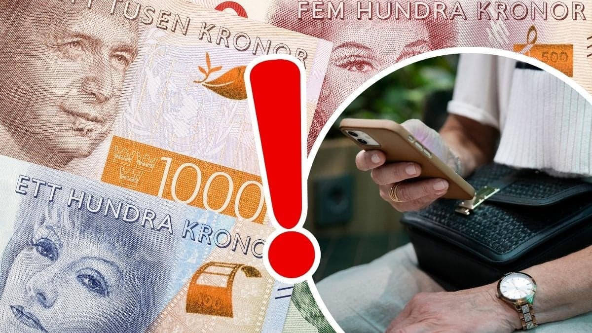 Svenska sedlar och kvinnohand med mobiltelefon