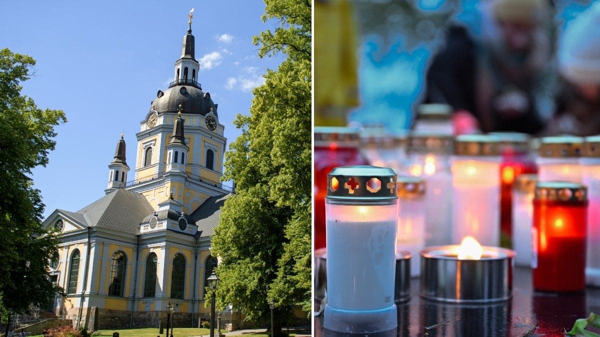 Bilder på en kyrka och gravljus.