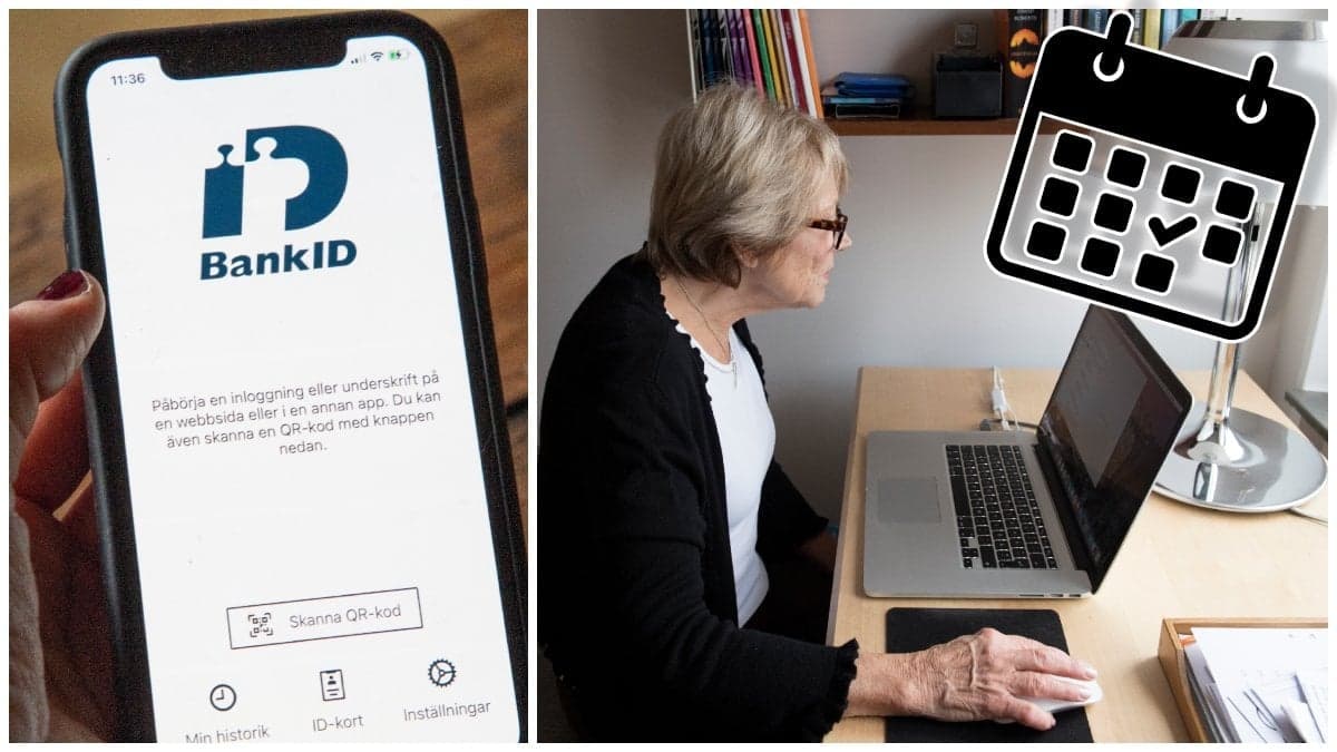 BankID-app i en telefon och en äldre kvinna vid en dator