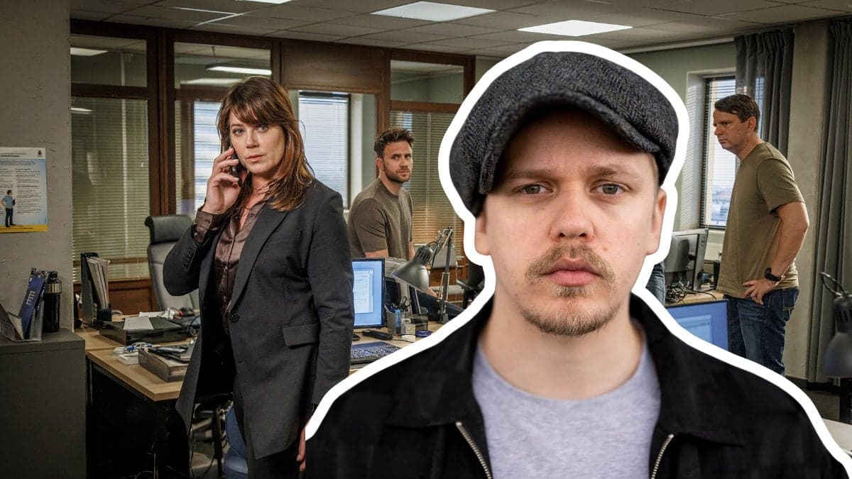 Beck karaktärerna i bakgrunden, Valter Skarsgård utklippt i mitten.