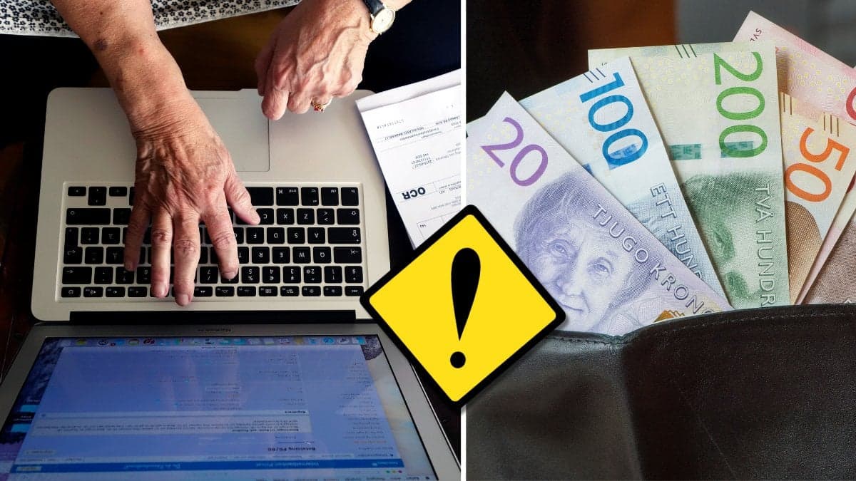 Kvinna betalar faktura på dator och svenska kontanter.