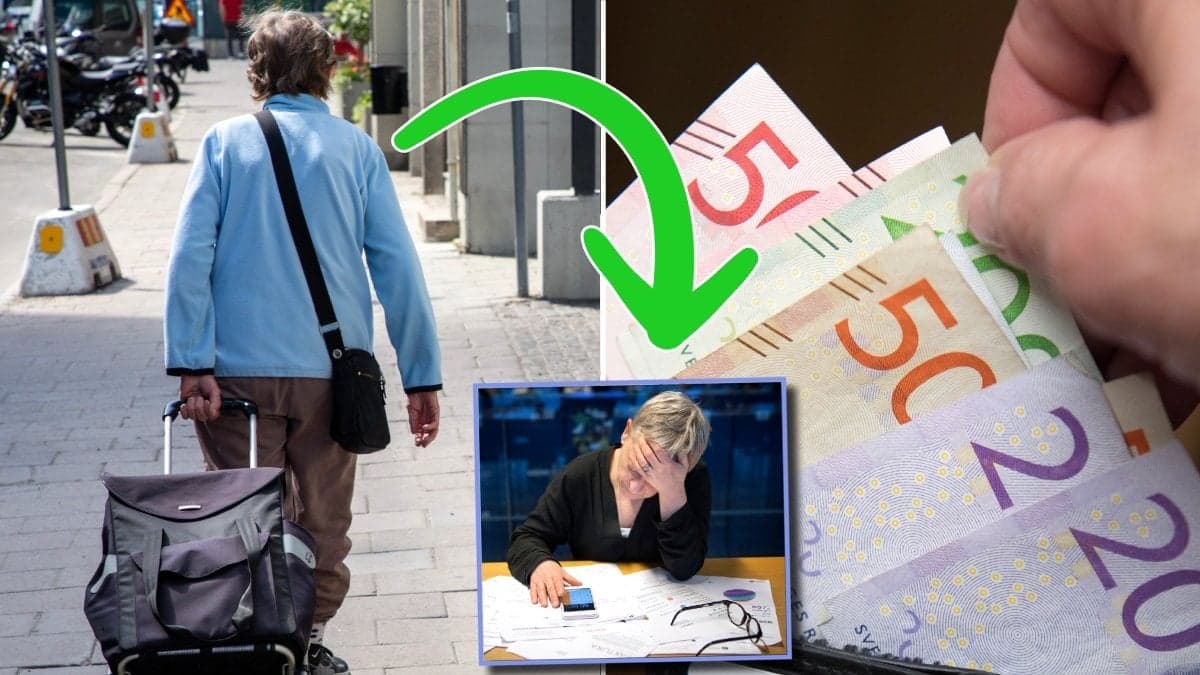 Äldre person med dramatenvagn och pengar.