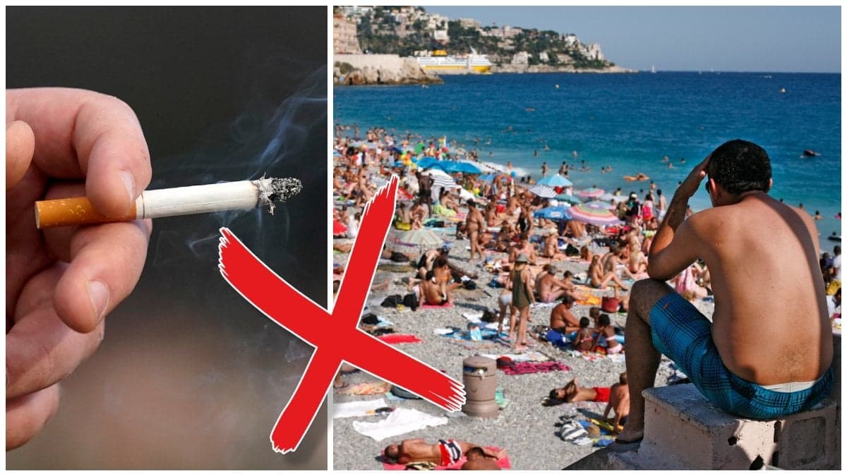 Cigarett och människor på en strand i Frankrike
