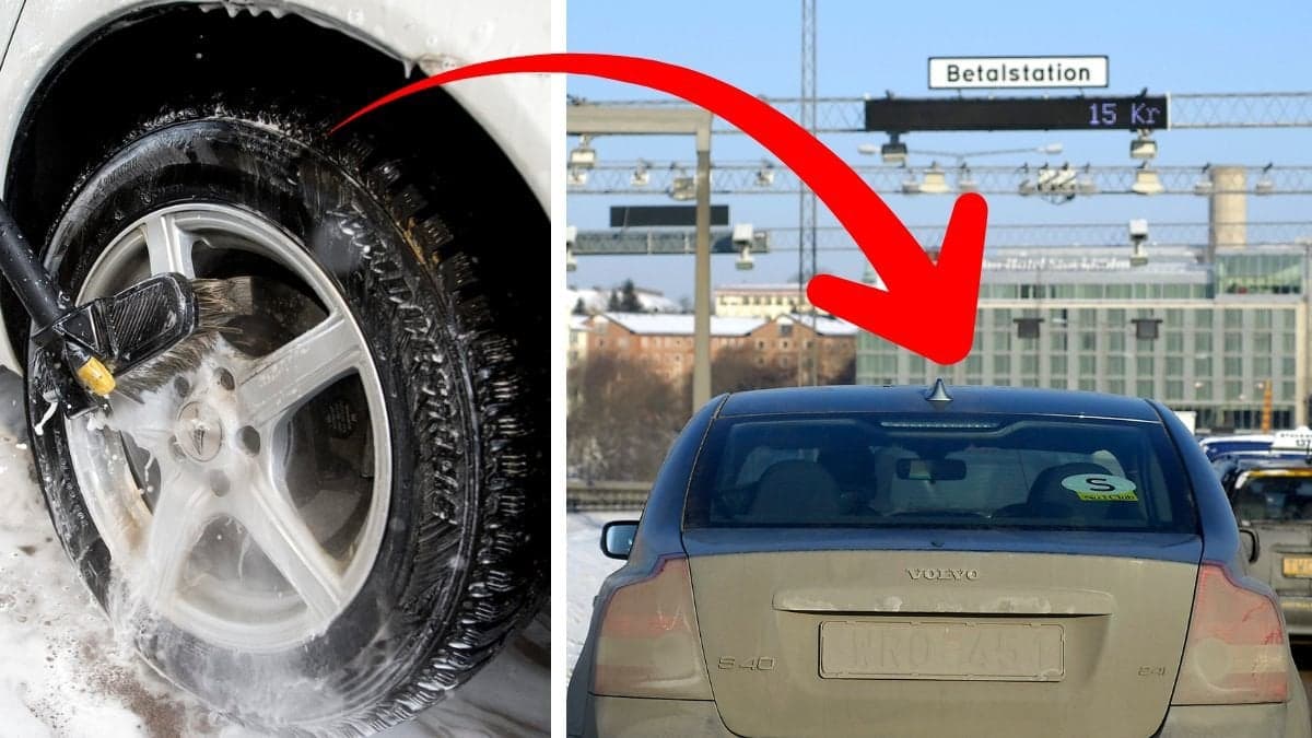 Bild på en smutsig bil och ett däck som rengörs.