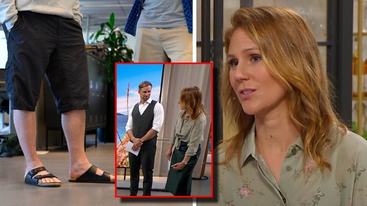 Två män i shorts i ett kontorslandskap och Maria Forsblom i Nyhetsmorgon.