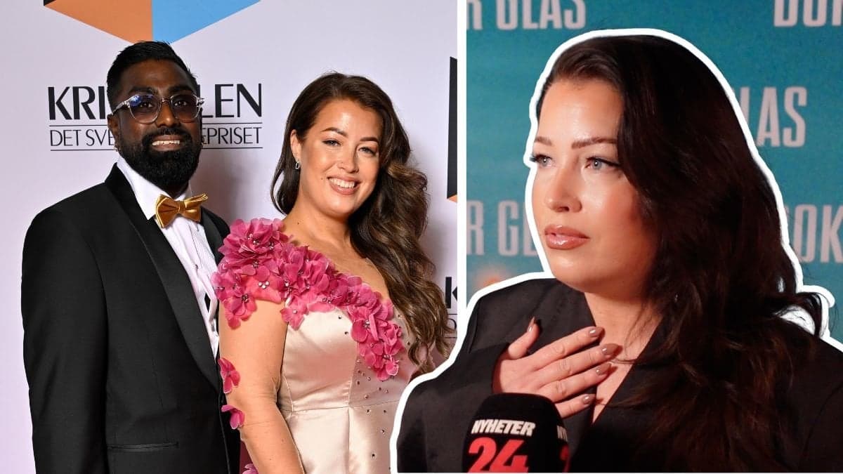 Karolina Finskas och Jakob Grünberg på röda mattan på Kristallen och Karolina på röda mattan