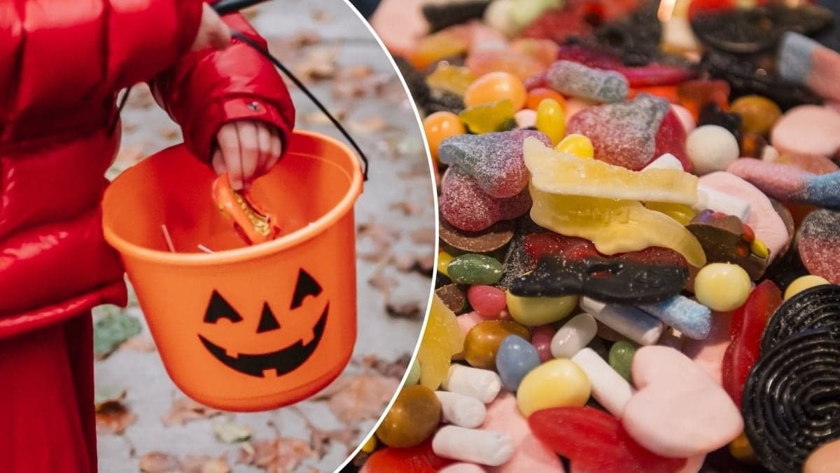 Bilder på en godishink och plockgodis.