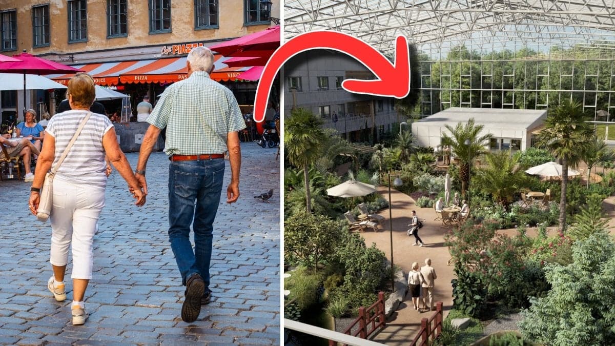 Ett äldre par som går på gatan och håller varandra i handen, och en pressbild över ett nytt tropiskt seniorboende.