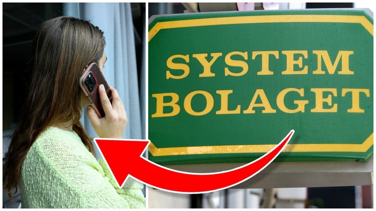 Kvinna som pratar i mobiltelefon och Systembolagets skylt på en fasad