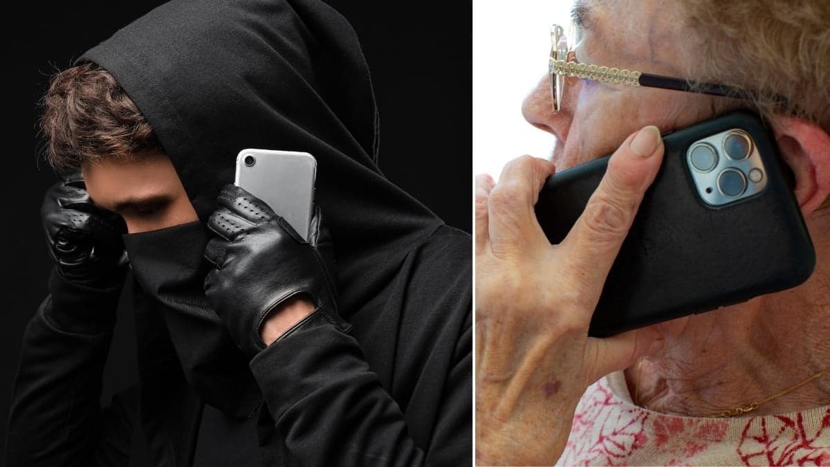 Bedragare och en kvinna som pratar i telefon.