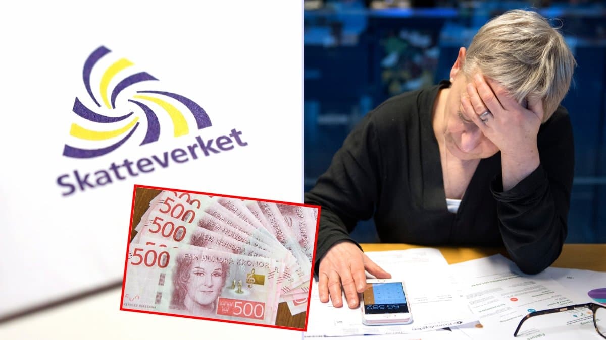 Brev från Skatteverket, pengar och kvinna med räkningar.