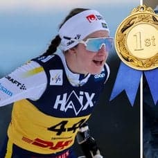 Ebba Andersson åker skidor till vänster. En närbild på Ebba Andersson till höger. En guldmedalj utklippt i mitten.