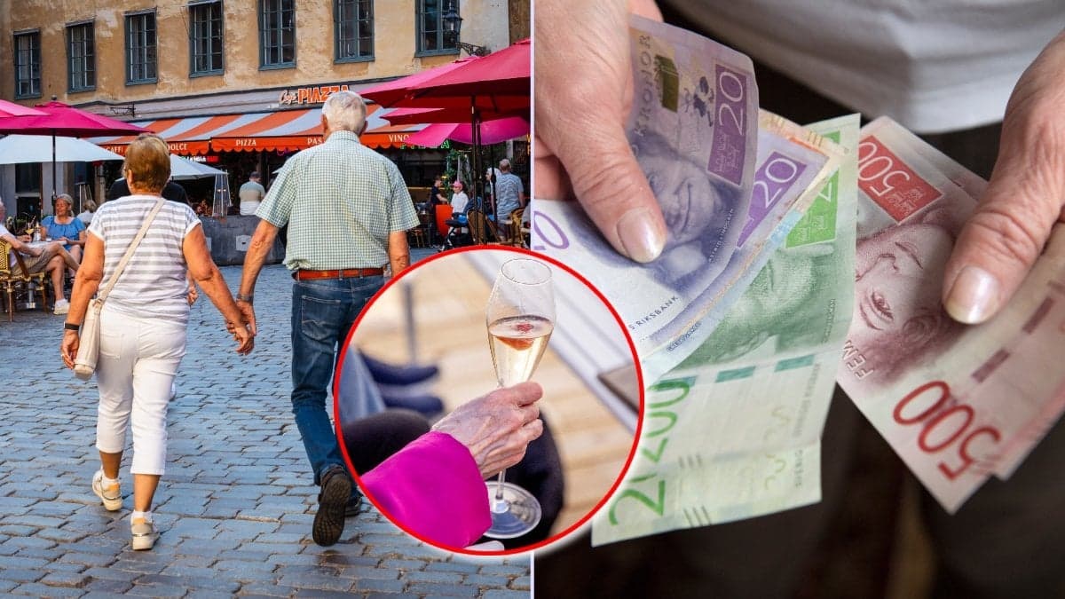 Äldre par, bubbel i glas och pengar.
