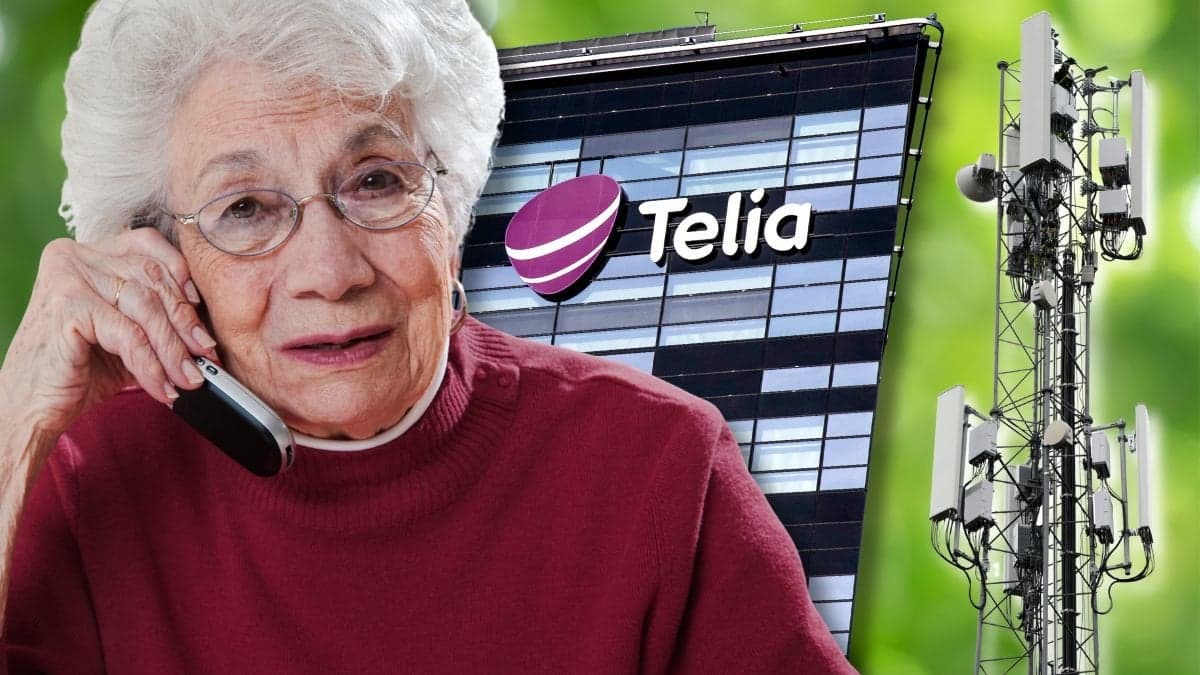 Äldre kvinna som pratar i telefon, Telias logga på fasad och en 5G-mast